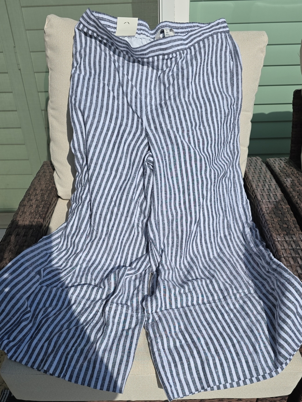 Women’s Blue and White Striped Linen Blend Maxi Pants